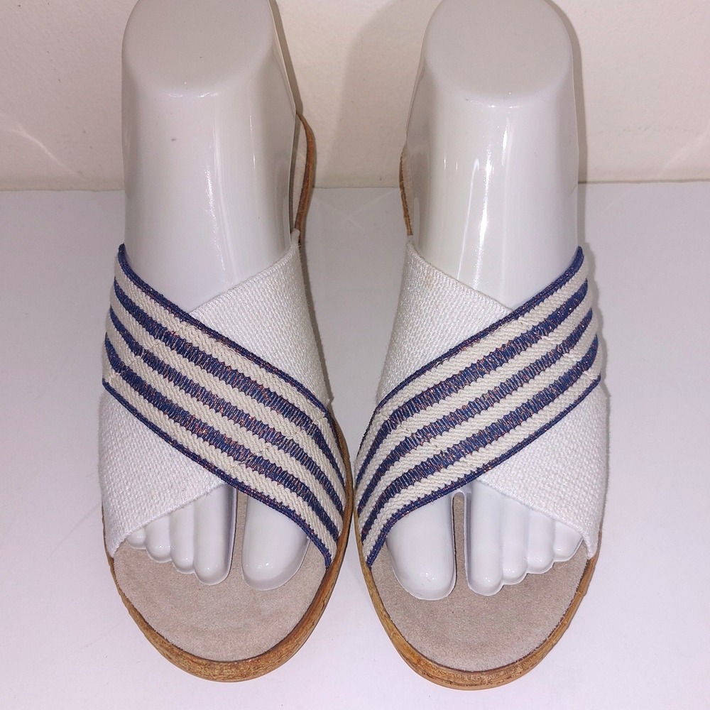 Striped Canvas Wedge Sandals Womens Size 6 White Navy Blue Nautical EUC